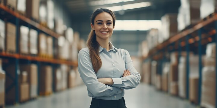 Portrait of a female logistics specialist standing in a warehouse