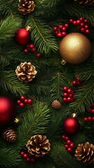 Fototapeta premium Christmas and new year background with fir branches, red and golden baubles, pine cones and berries. top view with copy space. christmas wallpaper. Ultra realistic. Photorealistic