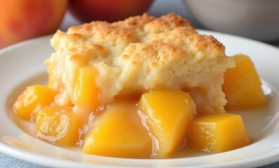Delicious peach cobbler dessert slice