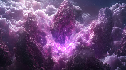 Purple glowing energy erupts from crystalline rocks in clouds.