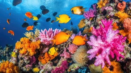Naklejka premium Vibrant Coral Reef Underwater Scene Featuring Colorful Fish Species