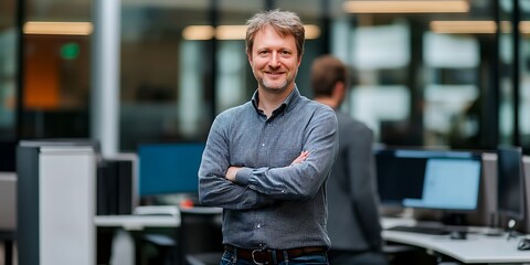 Obraz premium Software developer standing in an office surrounded by computers, smiling portrait shot