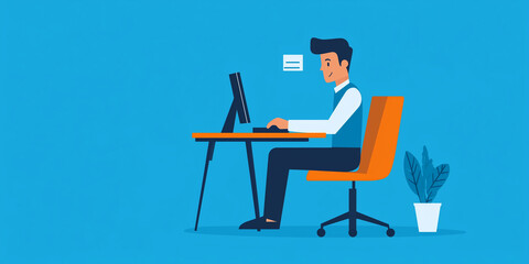 a character sitting at a desk, typing on a computer with a focused expression.