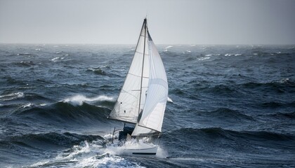 Obraz premium 거대한 파도를 정면으로 마주하는 작고 단단한 돛단배