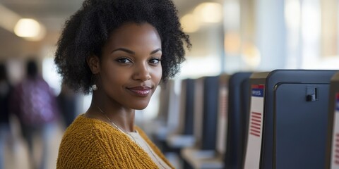 African-American Woman Voting in Patriotic Election Booth