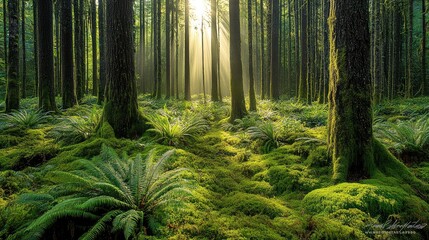 Sunlight Filtering Through Lush Green Forest Illuminating Ferns