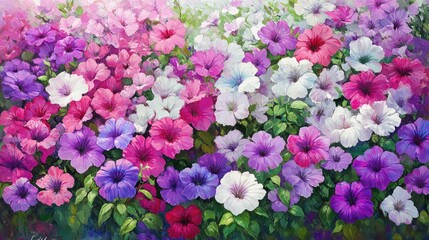 Fototapeta premium Vibrant Garden of Colorful Petunias in Full Bloom Amidst Greenery