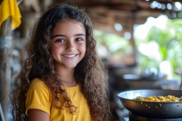 Smiling latin american girl cooking arepas in traditional kitchen