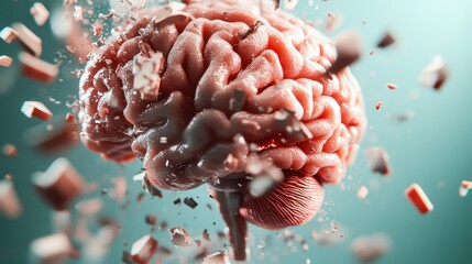 A brain is depicted with particles flying in an explosion, illustrating energy and intelligence, set against a vibrant teal background showcasing an abstract theme.