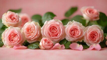Fresh pink roses in full bloom line a soft pink pastel background, scattered rose petals and green leaves enhance the romantic floral arrangement with a dreamy, feminine aesthetic.