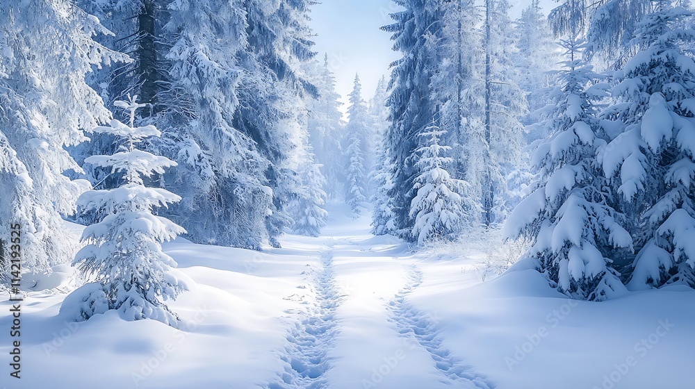 Poster idyllic snowy forest landscape with snow-covered trees and pathway : generative ai