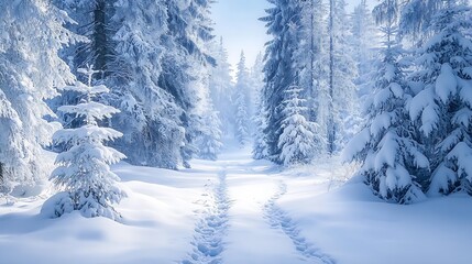 Fototapeta premium Idyllic Snowy Forest Landscape with Snow-Covered Trees and Pathway : Generative AI