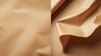A close-up of an empty brown paper sheet, in a mockup style. On the right side, it is folded to display its texture and quality. Flat lay view, high resolution, detailed, and hyper-realistic.