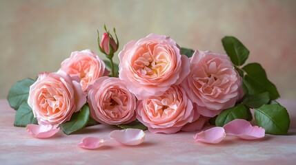 Fototapeta premium Fresh pink roses in full bloom line a soft pink pastel background, scattered rose petals and green leaves enhance the romantic floral arrangement with a dreamy, feminine aesthetic.