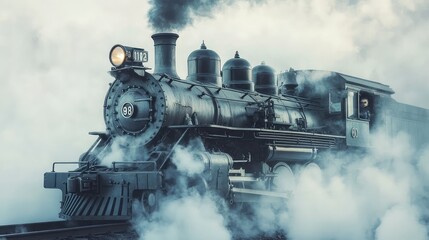 Fototapeta premium Vintage Steam Train Surrounded by Billowing White Smoke in Action