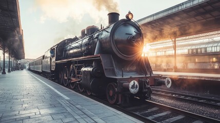 Obraz premium Vintage steam locomotive at historical train station during sunset