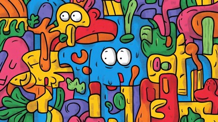 Fototapeta premium Colorful Abstract Illustration with Playful Characters and Shapes Reflecting Joyful Expression and Vibrant Creativity in a Lively Artistic Style
