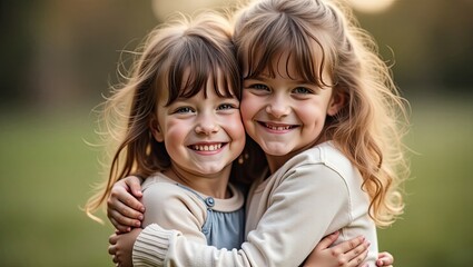 Fototapeta premium Smiling Twin Girls Hugging Outdoors