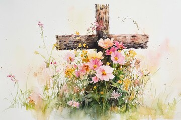 A watercolor of spring flowers growing around a rustic cross