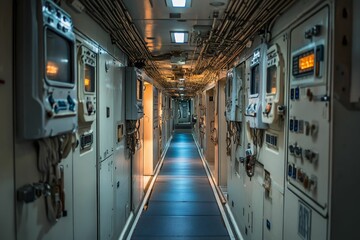 Long corridor, control panels, industrial interior, dim lighting.