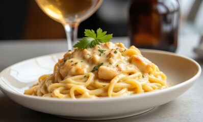 Delicious creamy pasta dish with wine