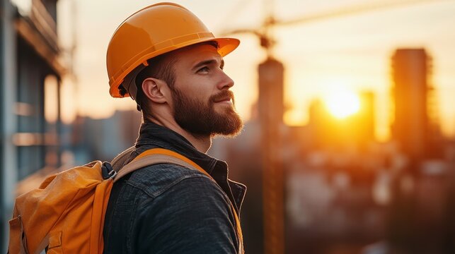 A young construction worker in orange helmet, positioned at a work site, gazes into the distance, the city's development providing an inspirational backdrop.