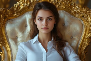 Young elegant businesswoman sitting on luxurious golden chair