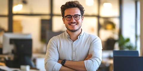 Portrait of a male content writer standing confidently in an office, working on an article