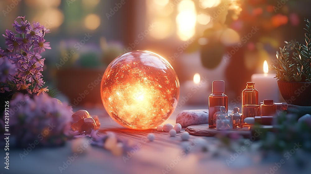 Poster Warm Glow of Magical Sphere and Aromatherapy Setting for Relaxation : Generative AI