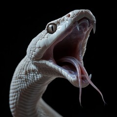 Fototapeta premium White snake with open mouth and extended tongue on a black background showcasing its detailed scales and fangs