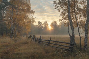Obraz premium Misty autumn sunrise over a field with wooden fence and birch trees.