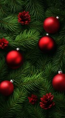 Christmas wallpaper with pine branches and red ornaments. christmas wallpaper. Ultra realistic. Photorealistic