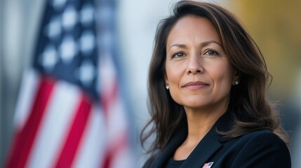 Confident American Female Politician with Flag Background