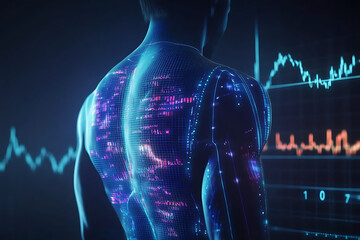 Person's torso illuminated by glowing financial projections showcasing futuristic data-driven insights and innovative analytics