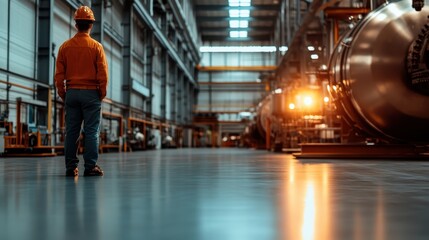 A lone industrial worker in a safety helmet surveys the expansive factory floor, ensuring the smooth operation of large, intricate machinery under bright lights.