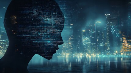 AI head silhouette, futuristic cityscape.
