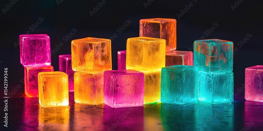Poster bunch of colorful ice cubes on a table