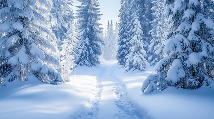 Fototapeta premium Peaceful Winter Path in Snow Laden Forest with Tall Pine Trees : Generative AI