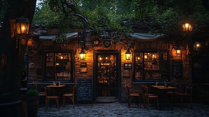 Obraz premium A Cozy Brick Building Restaurant At Night With Outdoor Seating