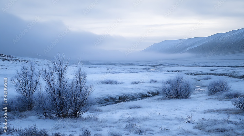 Aufkleber winter morning in frosty valley with snow blanketed fields and bare shrubs under cloudy skies : gene