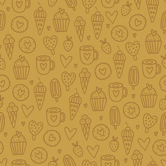 Valentine's Day outline seamless pattern with cups, ice cream, cookies, hearts, strawberries on yellow background. Perfect for wallpaper, gift paper, greeting cards. Vector hand drawn illustration