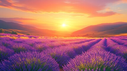 Fototapeta premium Lavender Fields Bathed in Golden Sunset Light in Picturesque Rolling Hills : Generative AI