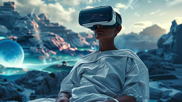 This Patients engage in immersive virtual reality in a serene, otherworldly setting to enhance wellbeing.