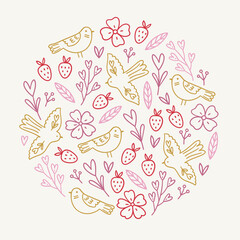 Valentine's Day outline greeting card with birds, flowers, strawberries, leaves, berry on white background. Circle ornament. Perfect for seasonal holidays and romantic decorations. Vector illustration