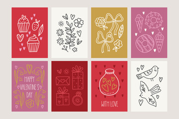 Christmas outline greeting cards with cupcake, strawberries, leaves, flowers, bows, birds, ring, gifts, hearts in Red, Gold, Pink and White. Perfect for holiday decoration. Vector illustration