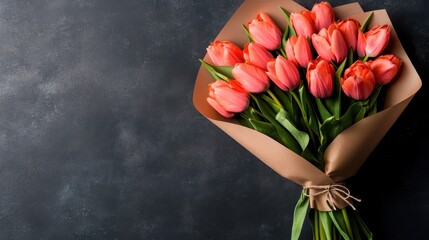 A charming bouquet of orange tulips elegantly wrapped in brown kraft paper and tied with a string, set on a dark, textured background exuding sophistication.