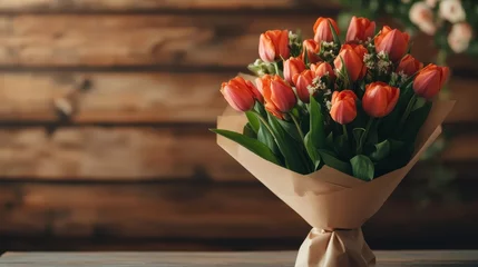 A picturesque bouquet of orange tulips wrapped in rustic brown paper, placed on a wooden table with a blurred background, radiating warmth and beauty.