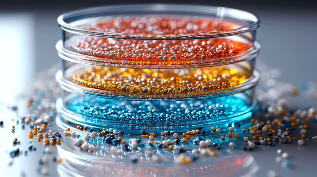 Stacked petri dishes with colorful beads and liquids.