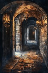 Fototapeta premium Stone corridor, arched ceiling, dim lighting, ancient feel.