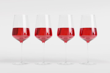 A row of glasses of red wine in white background. Illustration of the concept of alcoholic beverages and luxurious drink